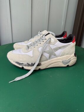Golden Goose White and Silver Suede Star Sneakers with Red Heel Accent